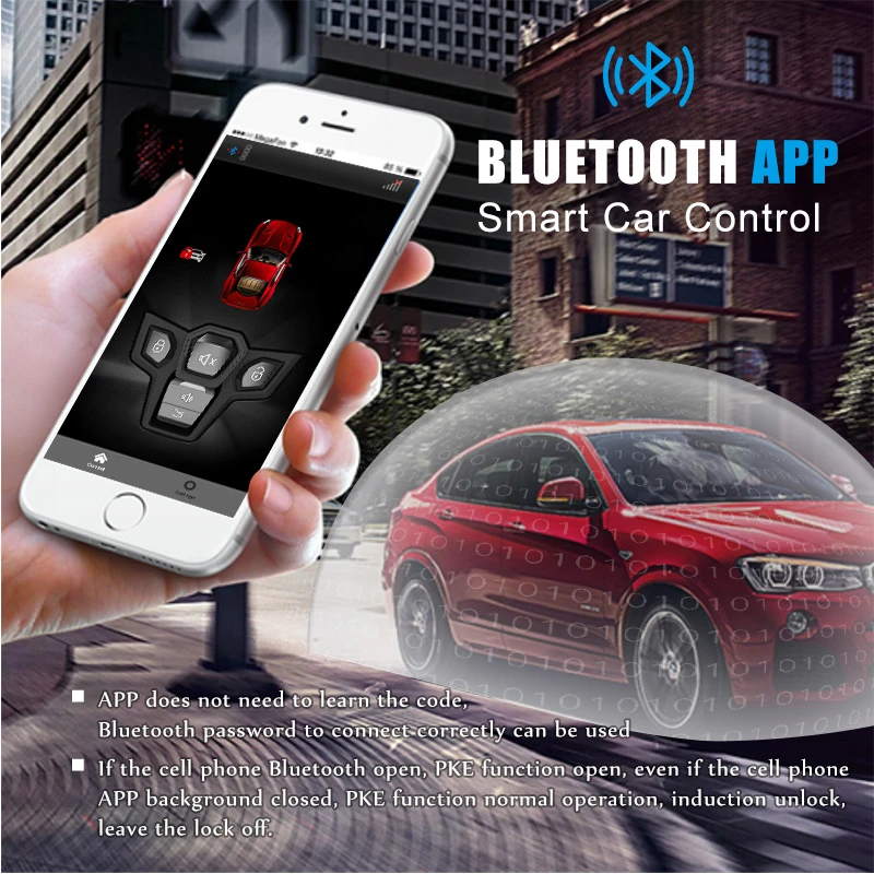 SPY-Universal 2 Way Car Sistema de Alarme Kit Completo, PKE Bloqueio Automático e Função de Desbloqueio, Bluetooth APP, Início Remoto Do Motor