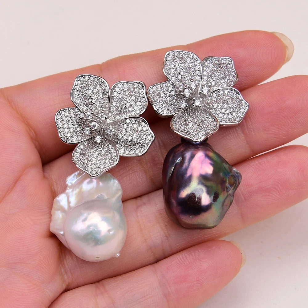 GG Cultured Black White Baroque Keshi Pearl Gold Plated Zircon Cz Paved Flower Stud Earrings Handmade Lady Gifts