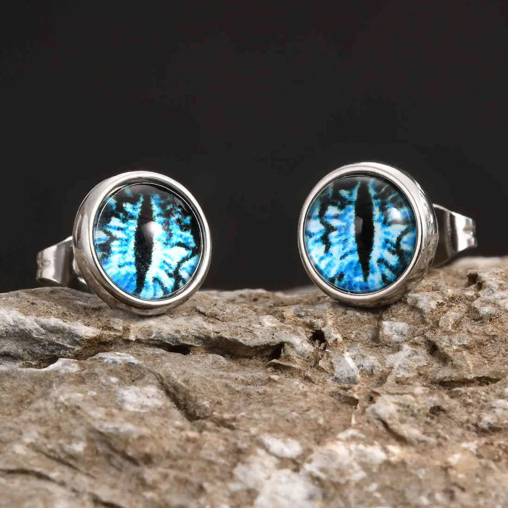 Vnox Blue Evil Eye Earrings Stud for Men Women, Gothic Devil Eye Cat Eye Earrings, Personality Punk Hypoallergenic Steel Jewelry