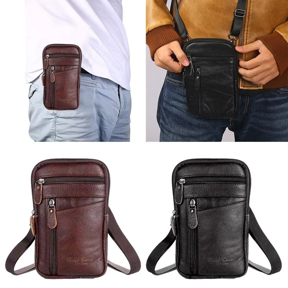 Men Leather Waist Pack Vertical Multi-functional Large Capacity Single Shoulder Oblique Straddle Multi-layer Buckle Phone Bag