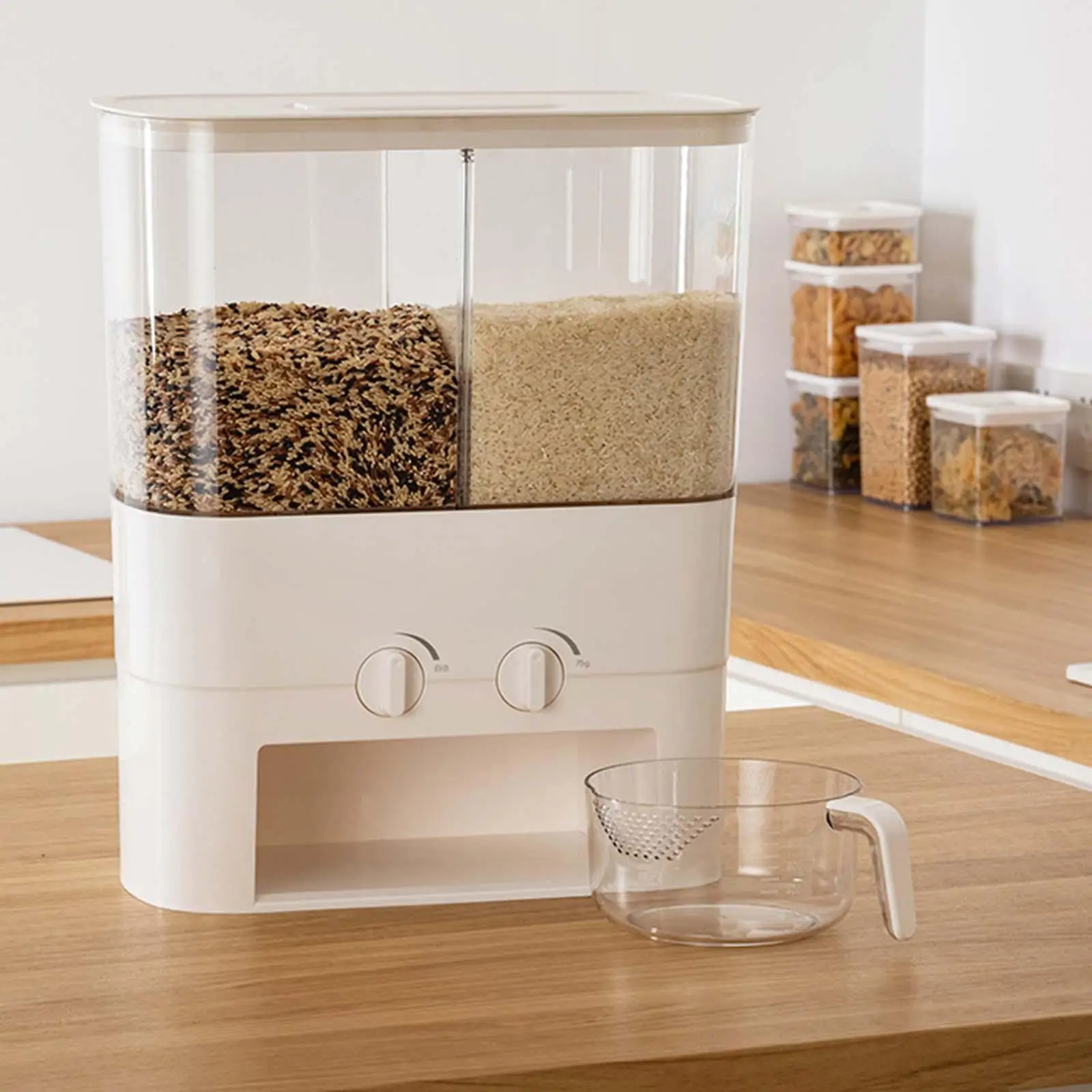 Dry Food Dispenser, 2 Grid Cereal Dispenser,Rice Dispenser 22 Pounds Kitchen Storage with Measuring Cup