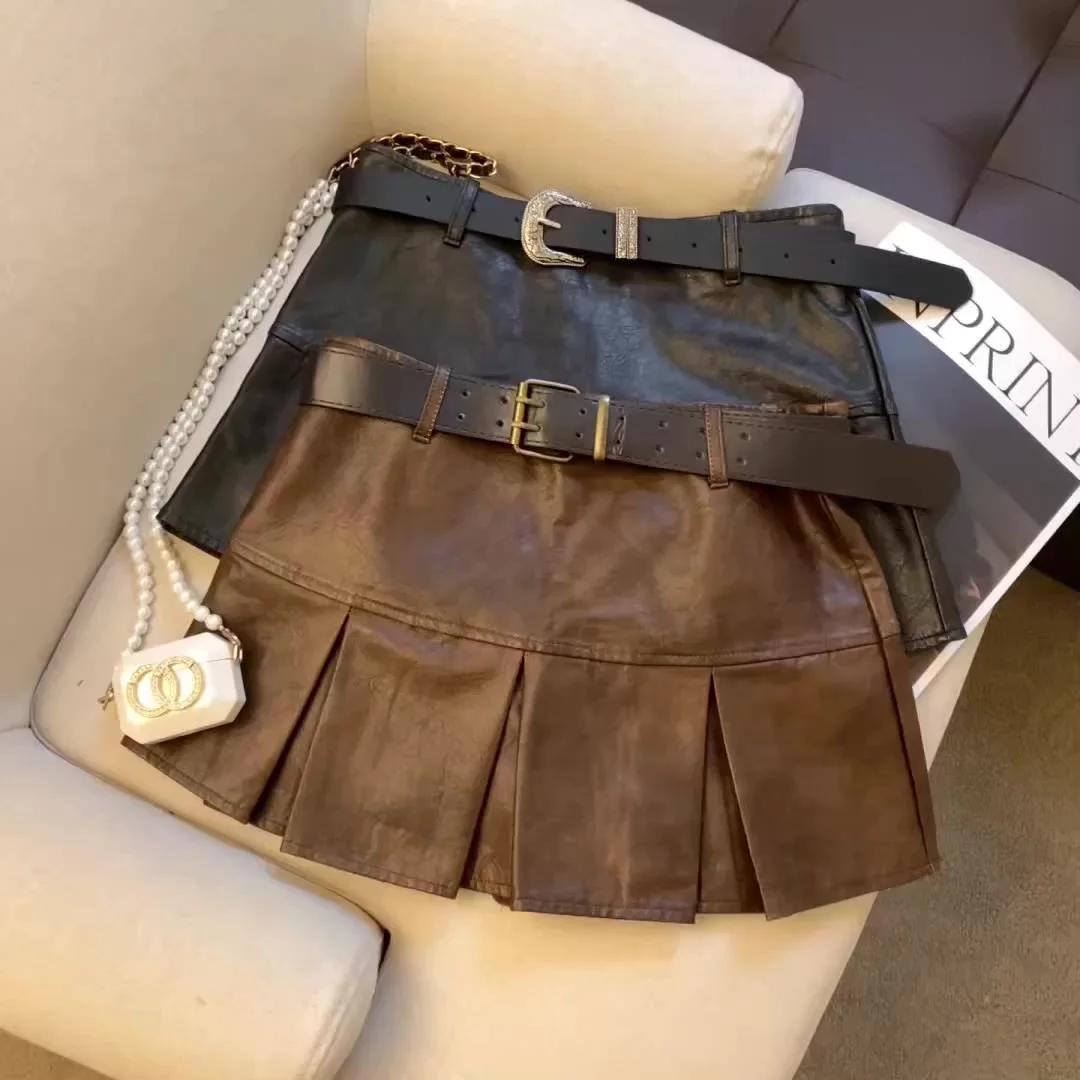 

Sweet Cool Spicy Girl PU Leather Retro Half Skirt Women Autumn/Winter Y2K pleated skirt A-line skirt Short skirt 2025