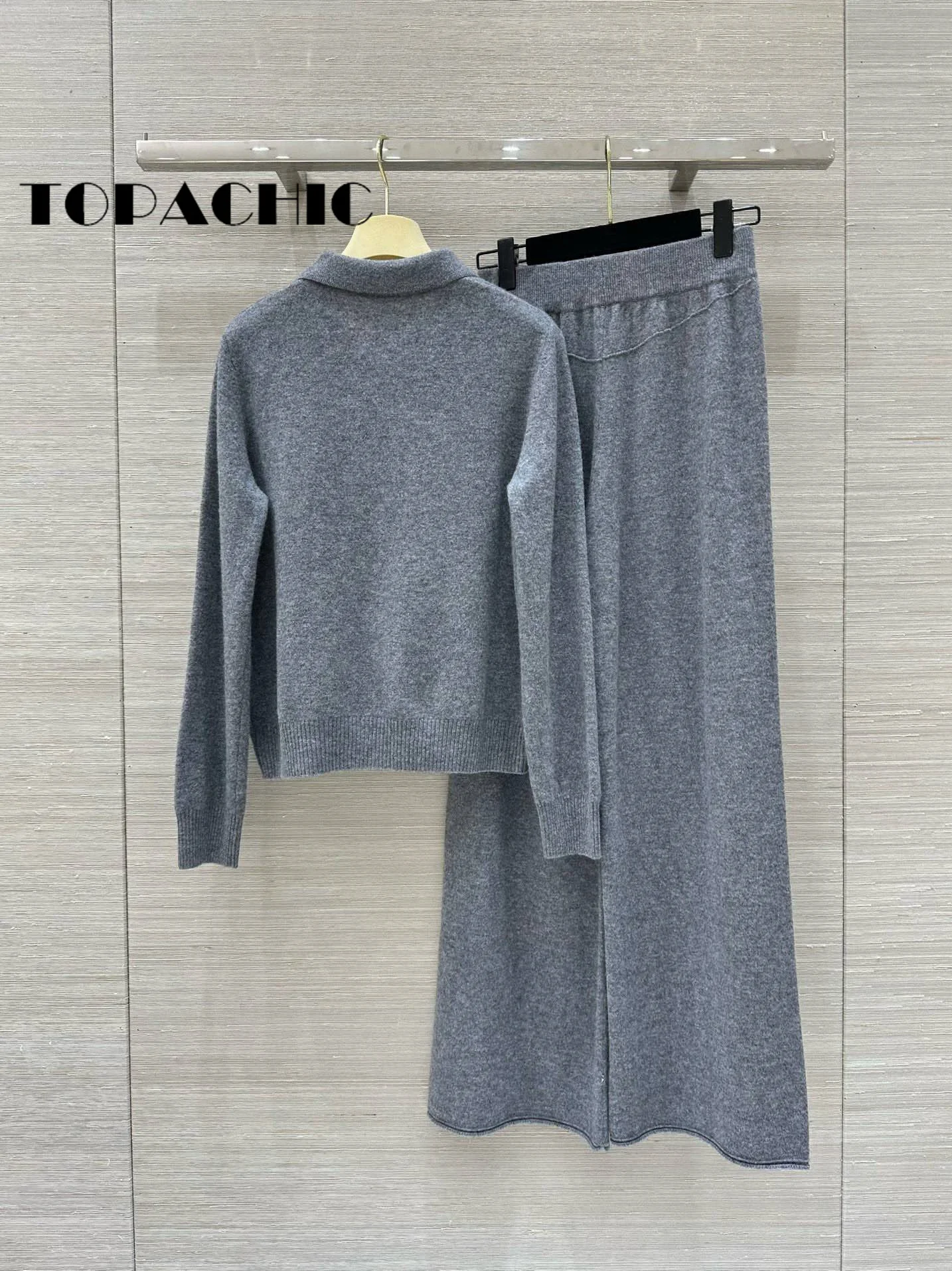 9.25 TOPACHIC-Women Simple Comfortable Wool Knitted 2 Piece Set Letter Single Breasted Cardigan + Elastic Waist Wide Leg Pants