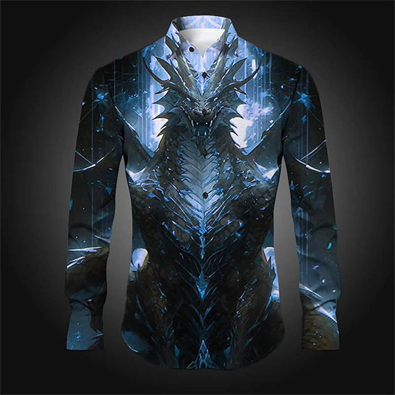 

New Men's Fashionable Long-Sleeved Tops Autumn Comfortable Lapel Single-Breasted Shirts Street Retro Khosla Pattern Printed Tops