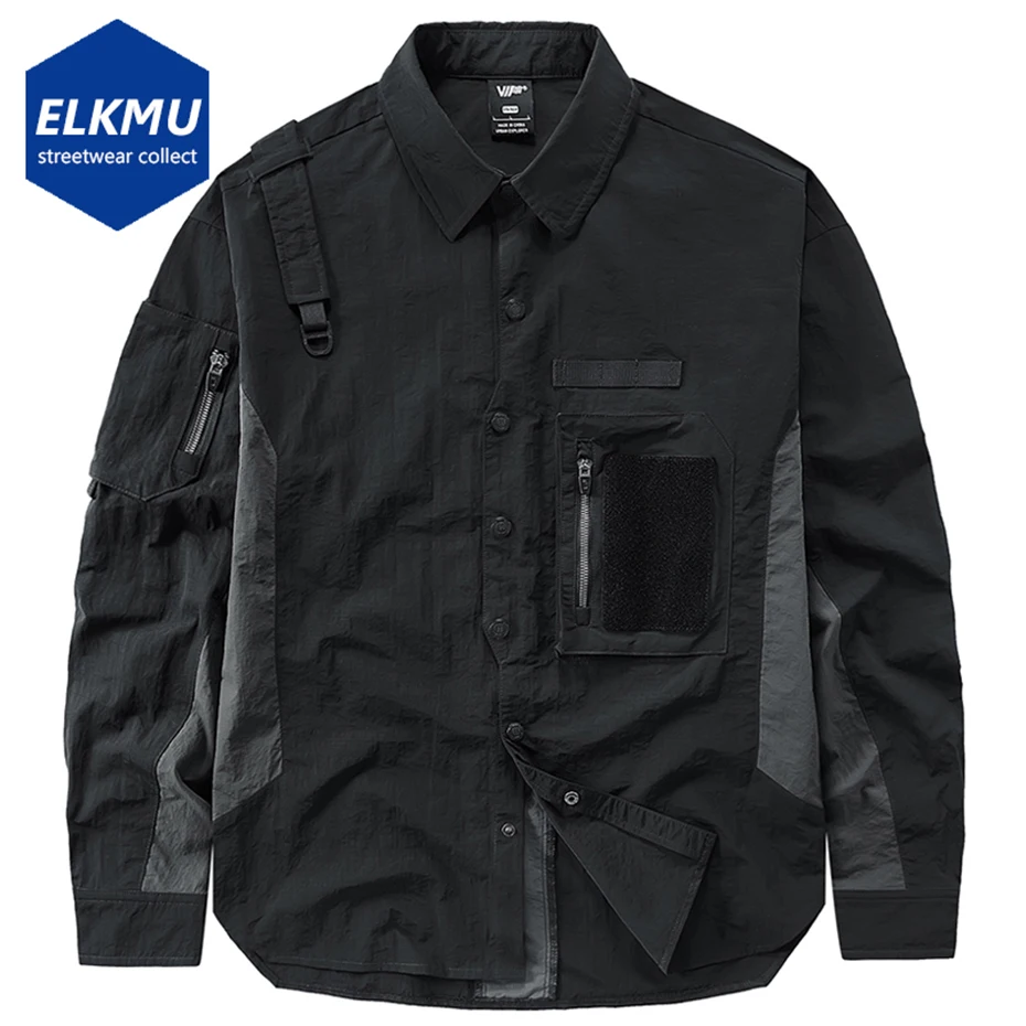 

Men's Cargo Shirts Zipper Pockets Function Long Sleeve Shirts Techwear Fashion Button Up Blouse for Male