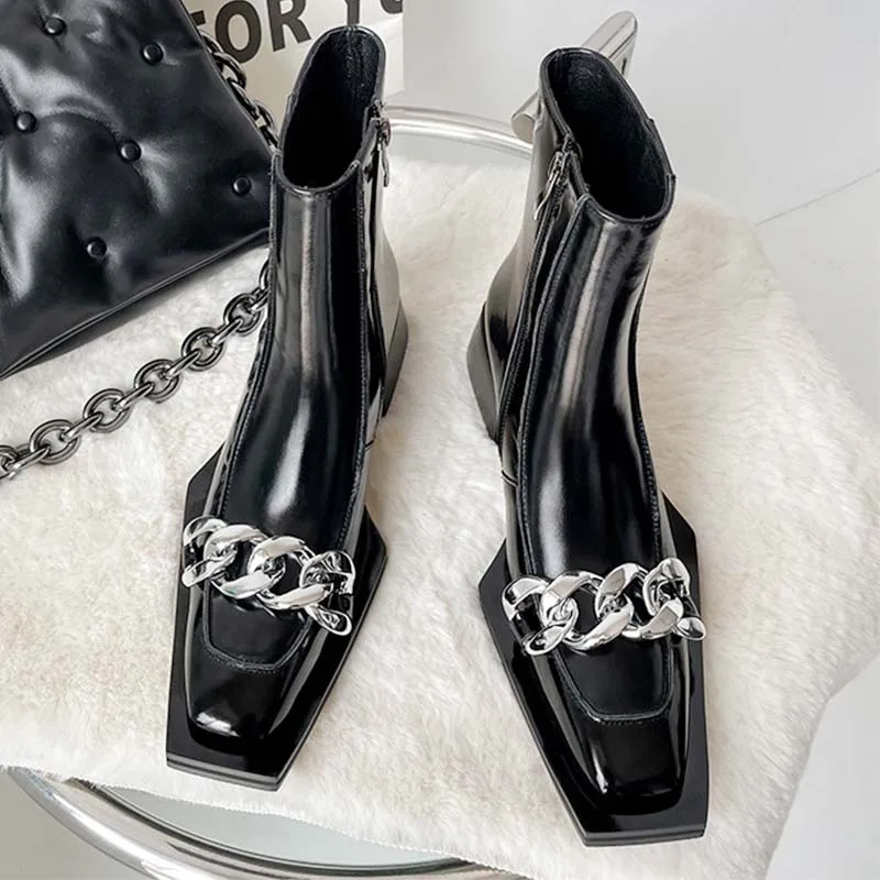 

Side Zip Ankle Boots Metal Chain Decorative Square Toe Block Heel Low Heel Ankle Boots