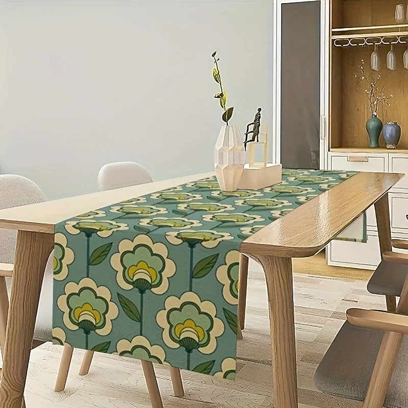Green Flower Table Runner Vintage 70s Abstract Floral Print Funky ModernStyle Table Runner for Kitchen Dining Table Coffee Table