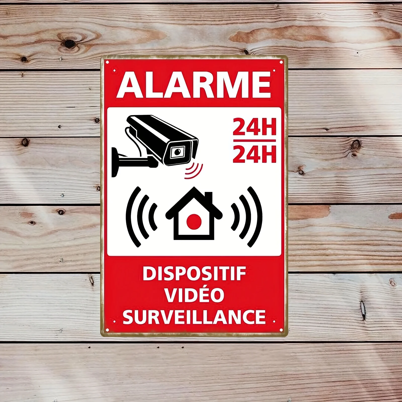 Metal Iron Sign Home Security Guard Iron Painting Attractive Red and White Tone ALARME Highlight Warning Center with Monitorin