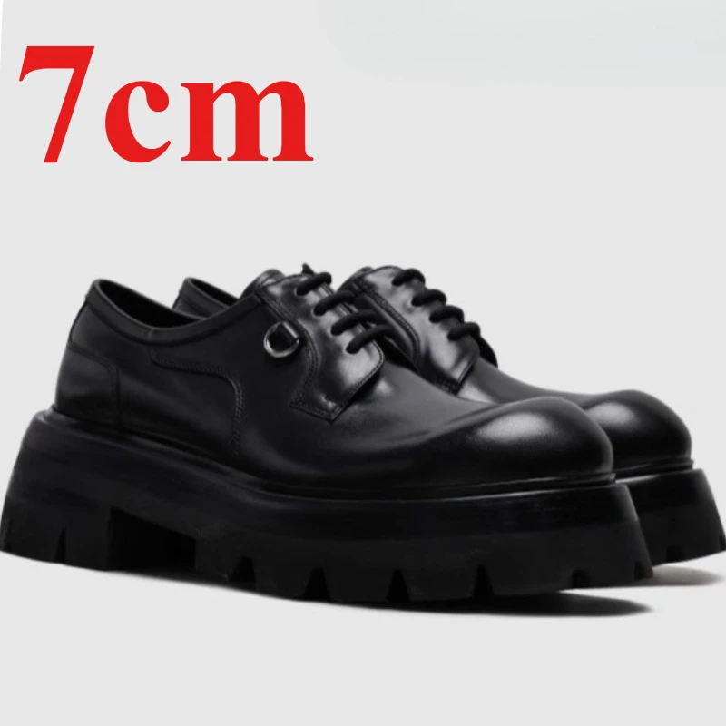 Genuine Leather Thick Soled Dress Shoes for Men's Increased 7cm Elevated Hand Sewn Metal Buckle Decoration Design's Derby Shoes