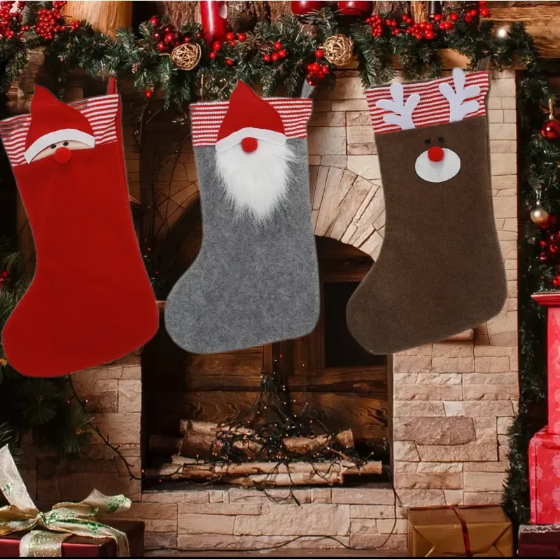 3 Pieces Embroidered Christmas Socks Gift Bag Decorative Pendant Candy Holder Holiday Party Decoration Novelty Xmas Present