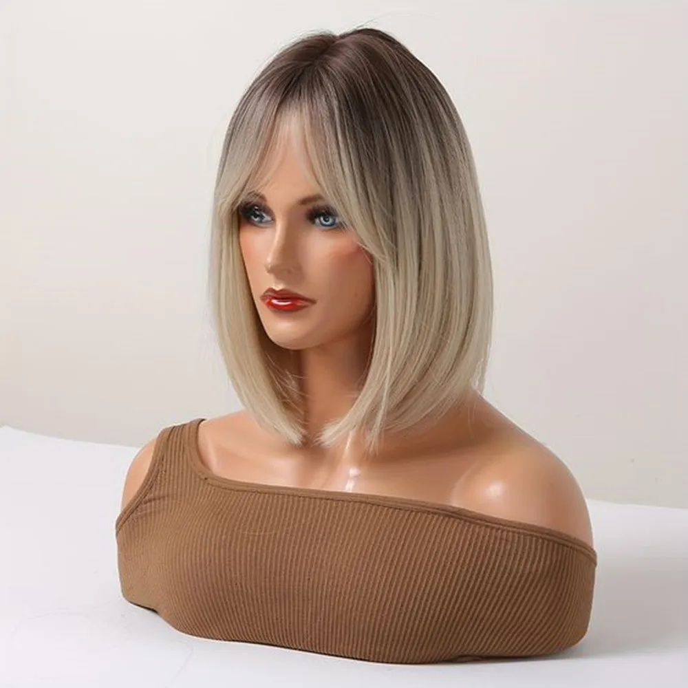 ALAN EATON Short Blonde Synthetic Wig for Women Ombre Blonde Wigs with Bangs Natural Dark Roots Hair Soft Daily Heat Resistant