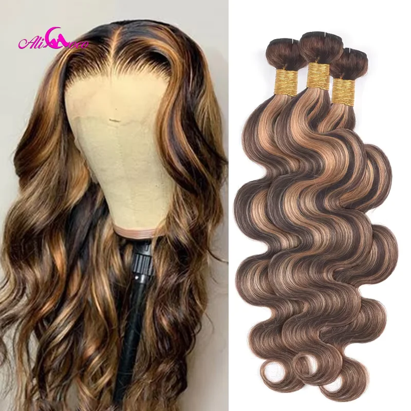 Mechones de cabello brasileño Ali Coco ombré, extensiones de cabello humano mechones de cuerpo de hueso P4/30 marrón con Color destacado, extensiones de pelo ondulado Remy