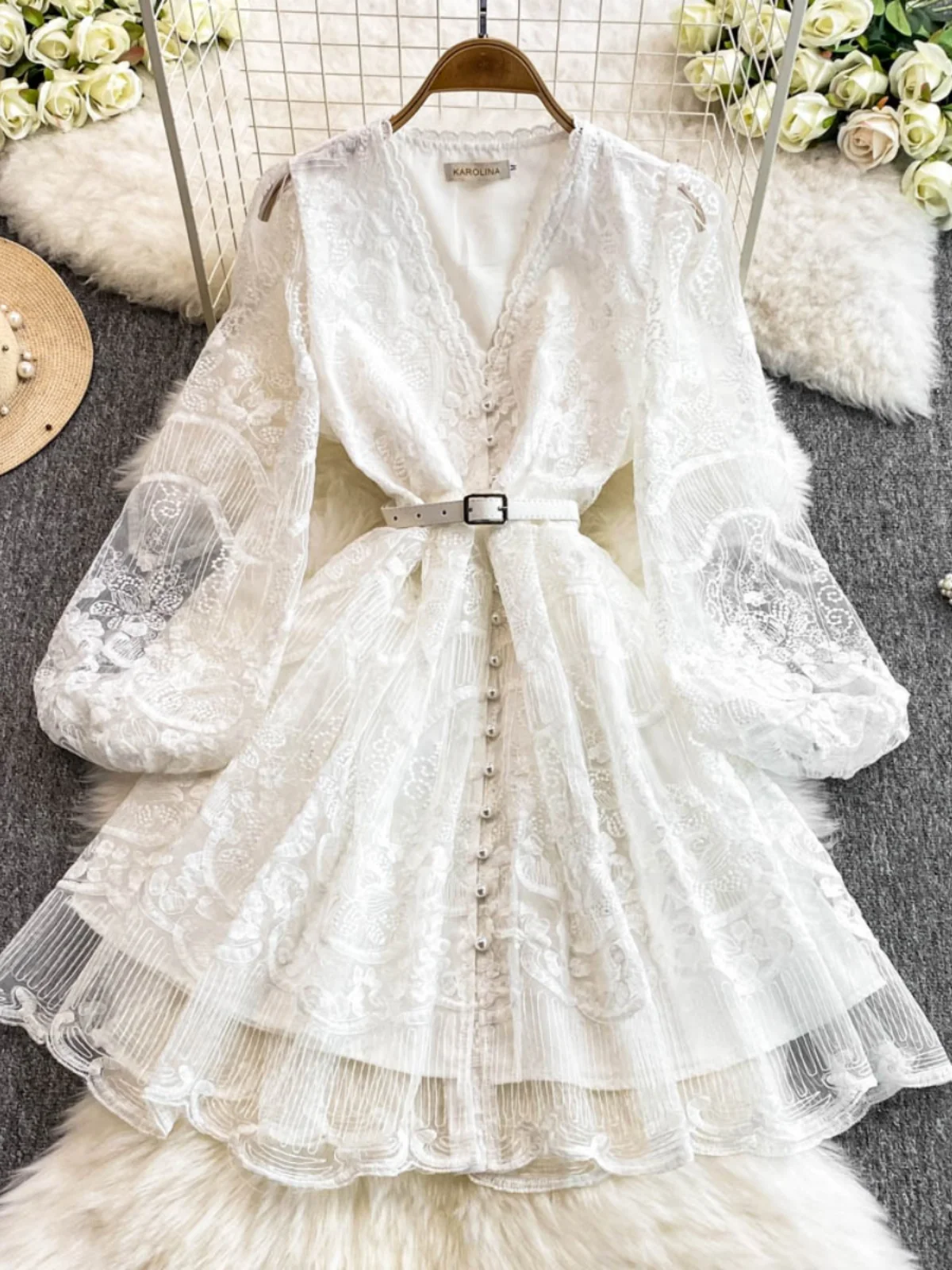 

Ele Embroidered Lantern Sve Dr Women's A-Line Skirt Spring Season Me Design Super Fairy Princ Sle Long Sve