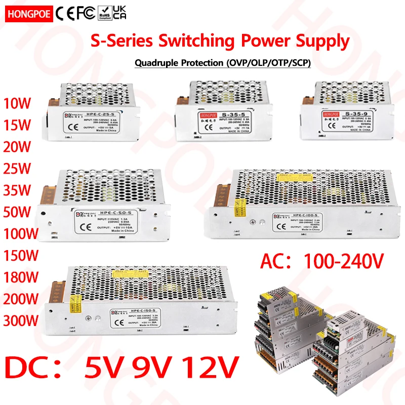 10-300W SMPS DC 5V 9V 12V power supply 100 to 240V AC 1A 2A 4A 7A 10A 15A 20A 30A 40A 60A transformer for LED Motor Battery CCTV