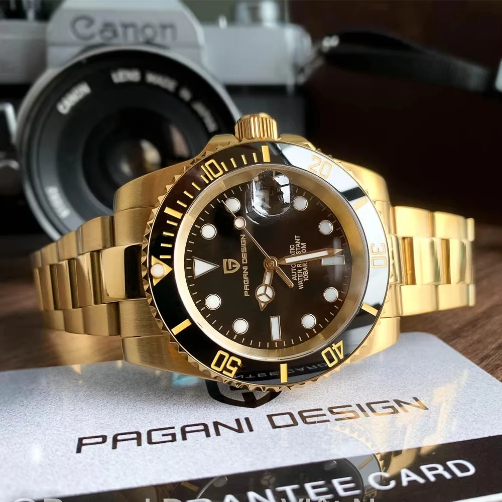 PAGANI DESIGN-reloj mecánico automático para hombre, cronógrafo de acero inoxidable con zafiro japonés NH35, caja dorada, resistente al agua, 40MM