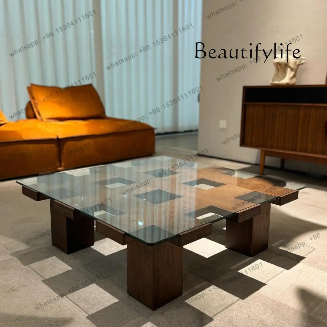 

Italian minimalist glass coffee table solid wood walnut color living room home designer light luxury high sense