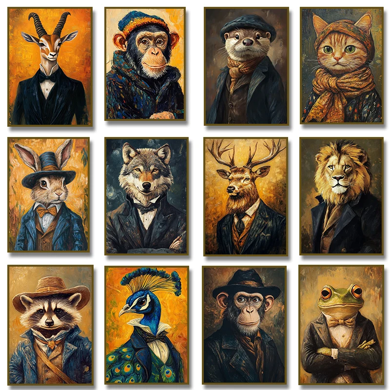 1pc frameless Canvas Painting Deer Frog Bull in A Suit Rabbit Panda Raccoon Portrait Poster Canvas Painting Print Wall Art Pictu