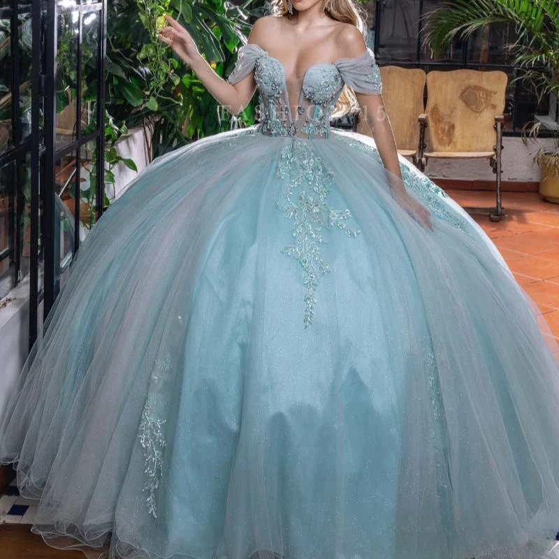 

Blue Shiny Ball Gown Quinceanera Dresses Off the Shoulder Applique Beading Tull Party Birthday Sweet 16 Vestidos 15 De Anos