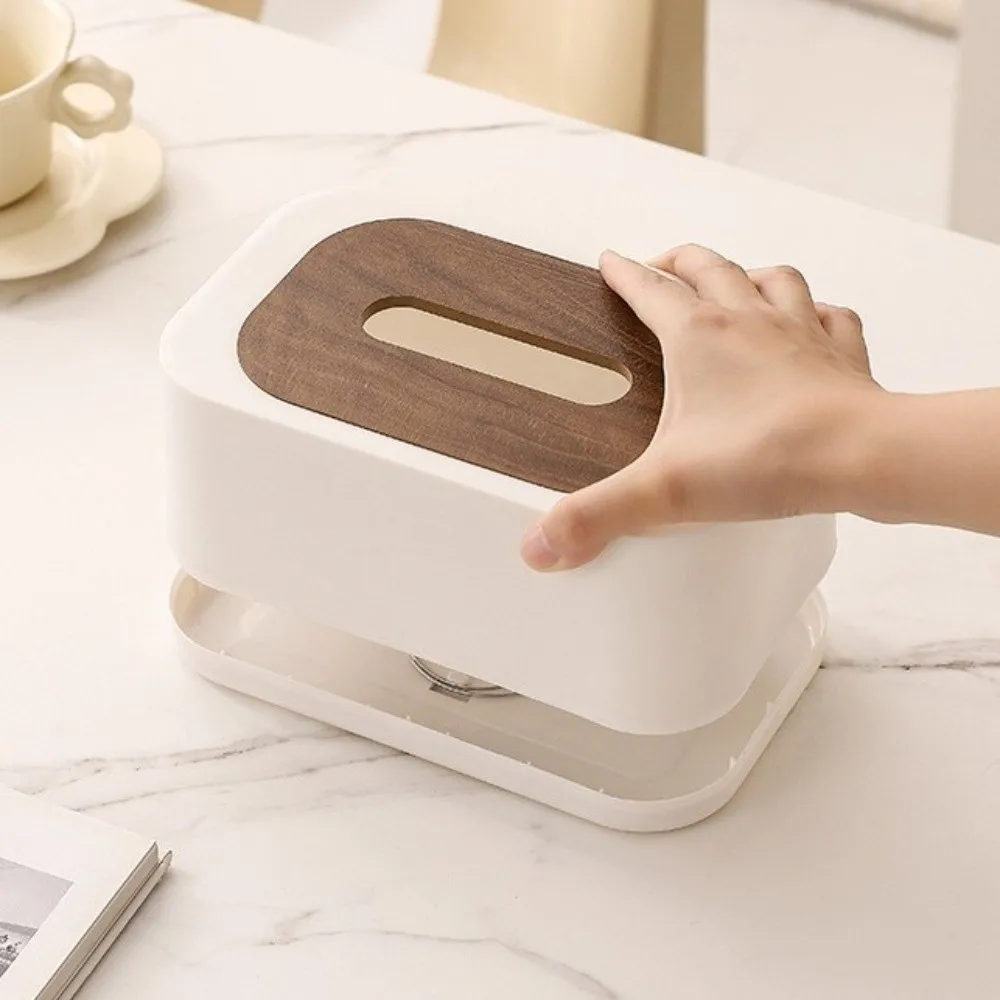 

Wooden Cover Tissue Box Waterproof Spring Mechanism Napkin Holder Removable Plastic Tissue Dispenser Coffee Table