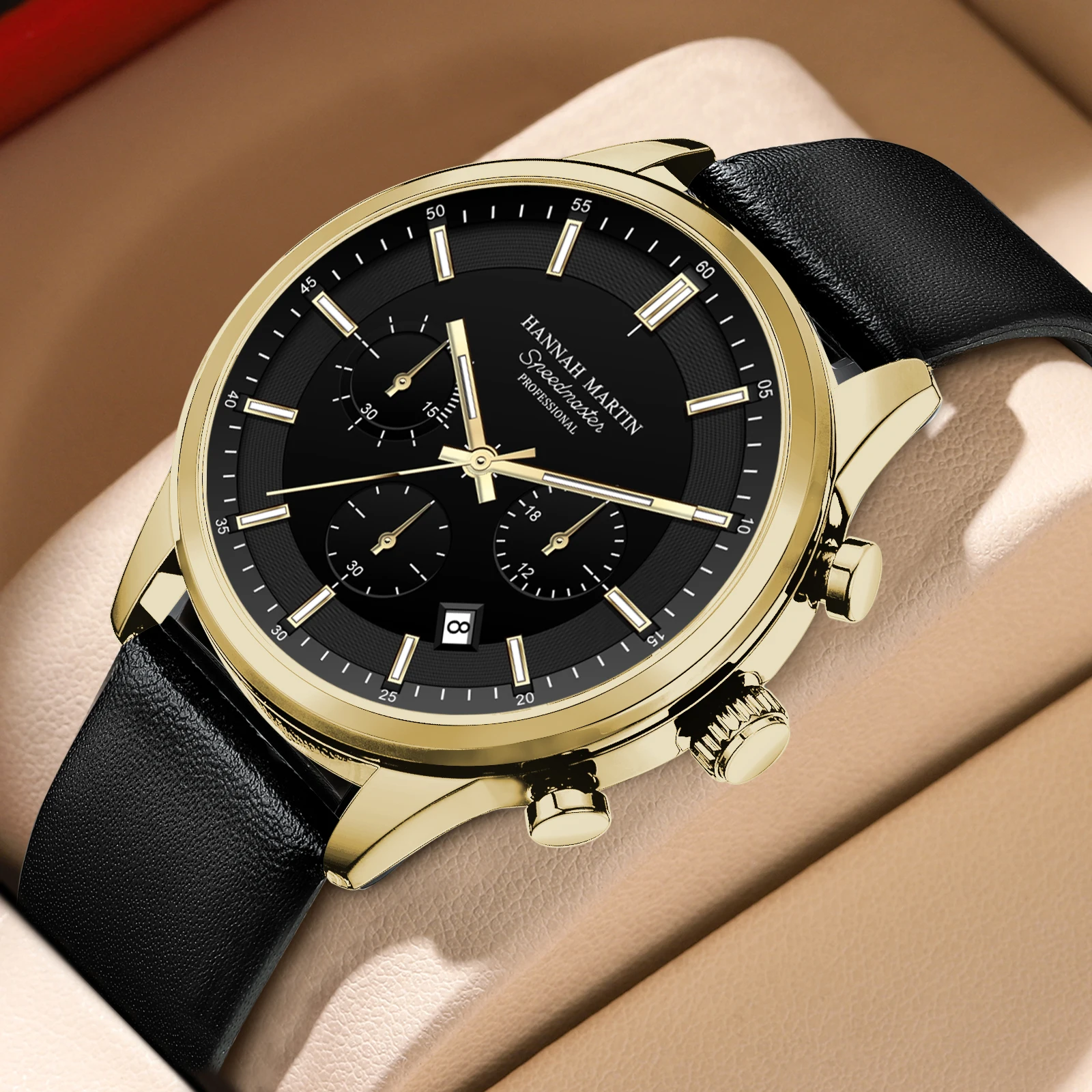 Business Original Black Multifunctional 41mm Quartz Watches Man Leather Luminous Day Date Chronograph Waterproof Watch for Men