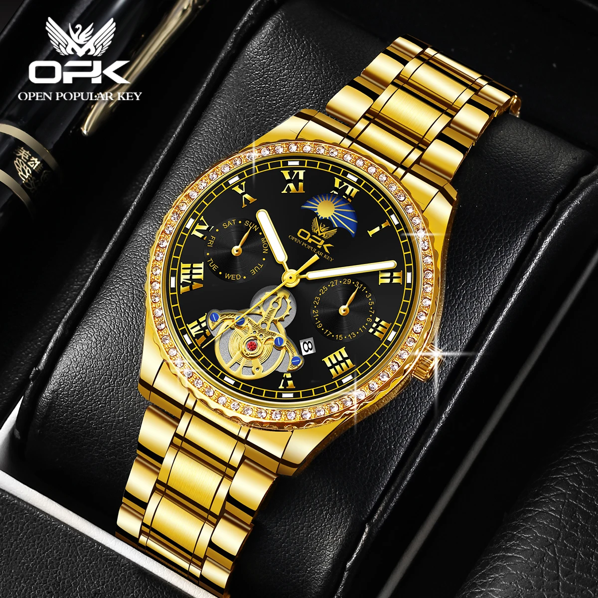 OPK brand luminous waterproof diamond-encrusted steel band men's quartz watch 8147