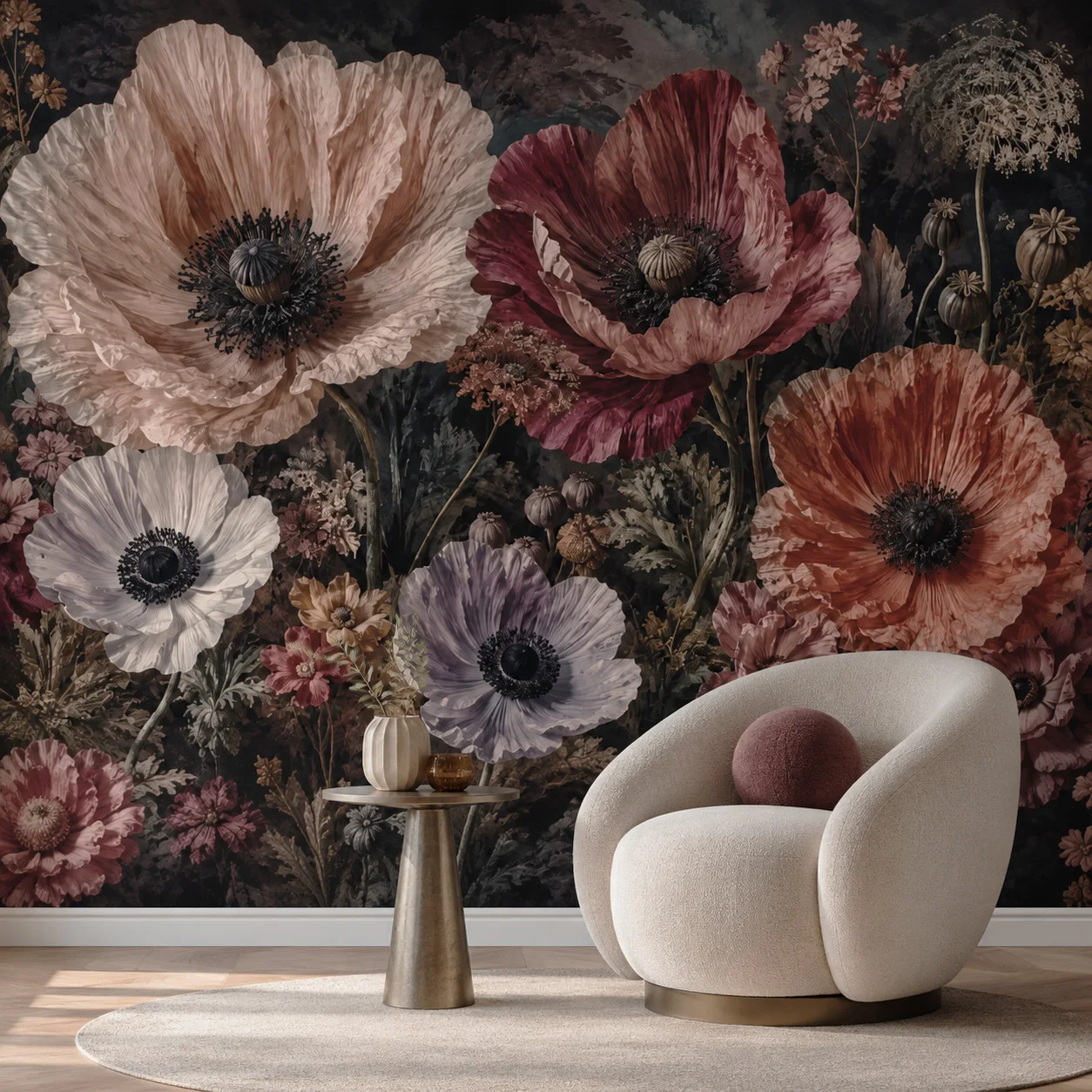 Dark Floral Wallpaper Mural Giant Poppy Flowers Vintage Botanical Wall Decor Living Room Bedroom Non Self Adhesive