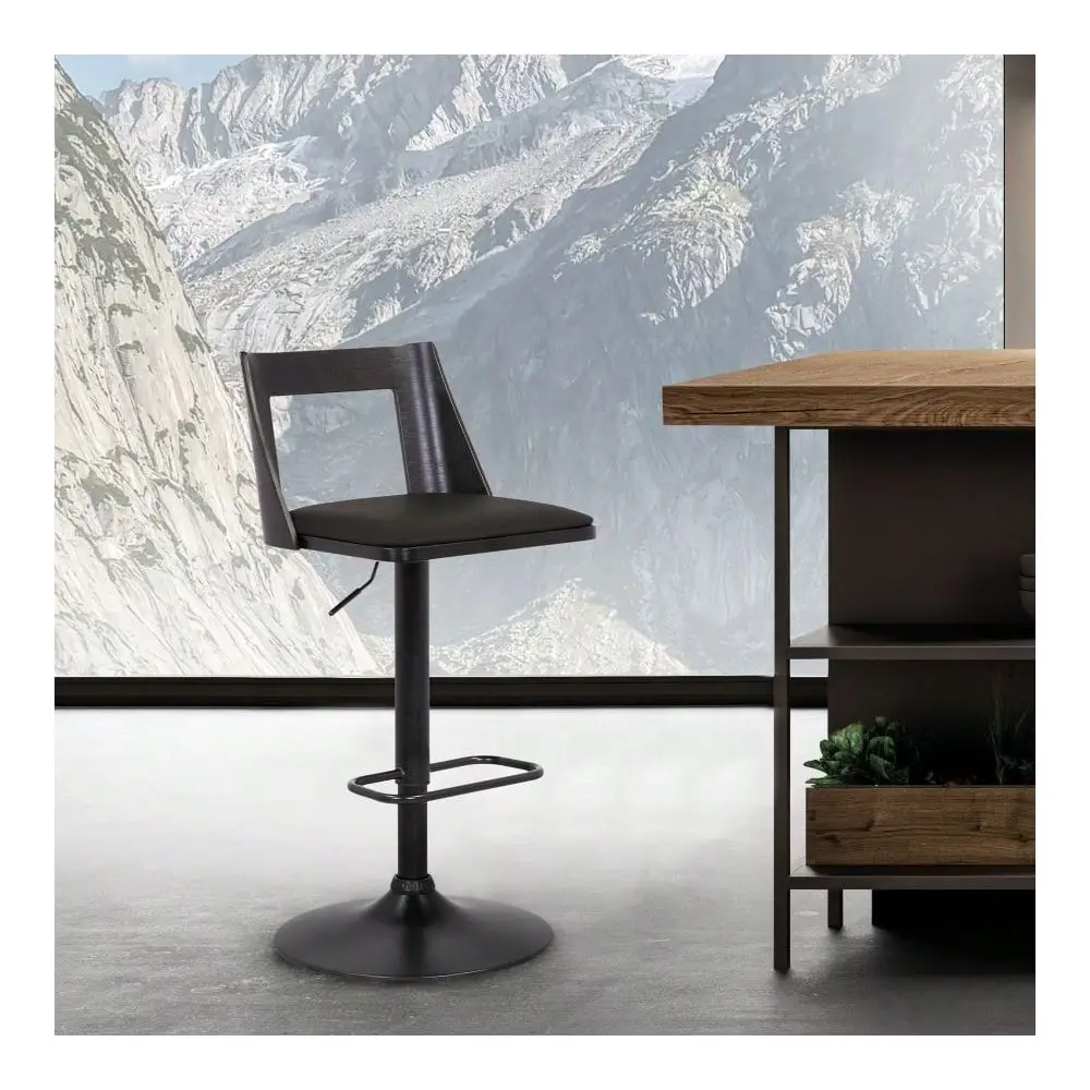 

Adjustable Swivel Black Faux Leather And Black Wood Bar Stool With Black Base