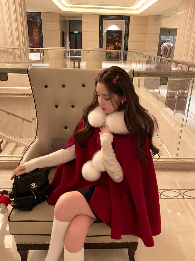 

Осенне-зимнее двустороннее шерстяное пальто с меховым воротником и капюшоном, женская верхняя одежда Sweet Sle Long Sve, пальто средней длины