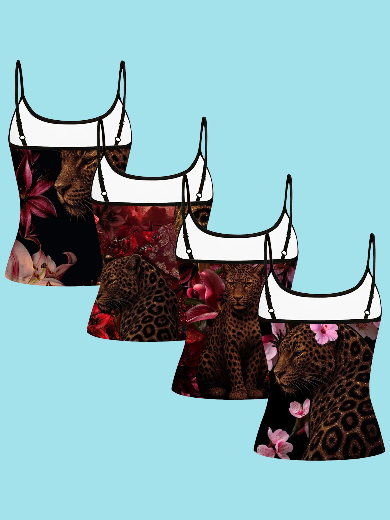 4-Piece Set of Women's Red-Toned Leopard Head and Floral Print Spaghetti Strap Camisole Slim-Fit Base Layer Tops