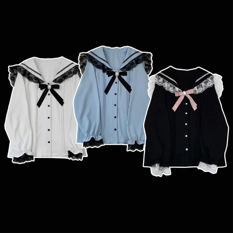 Kawaii Y2k Lolita Shirt Japanese Harajuku Girls Sweet Lace Ruffles Bow Long Sleeve Blouses Women Lolita Aesthetic Clothes Tops