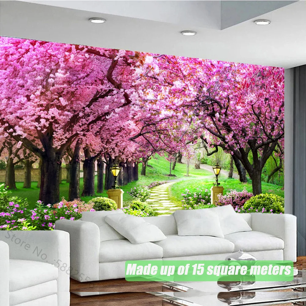 

Pink Cherry Blossom Tree Walkway Wallpaper Decorative Stickers For Living Room Bedroom Wall Furniture Renovation Aesthetic Decor