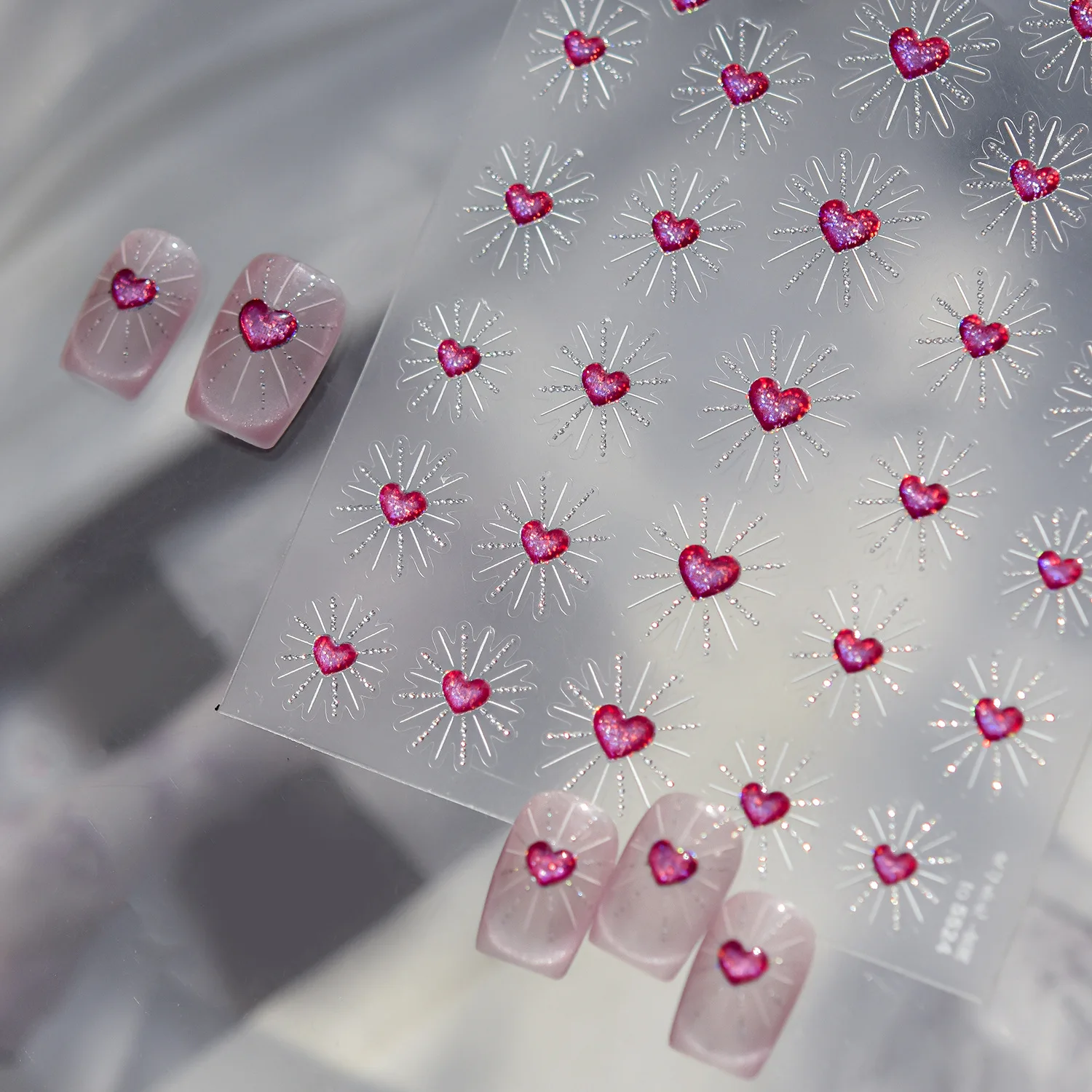 Laser Iridescent Glitter Pink Gradient Heart Starburst Line Delicate 5D Nail Art Stickers Sweet Girl Self-adhesive Nail Decor