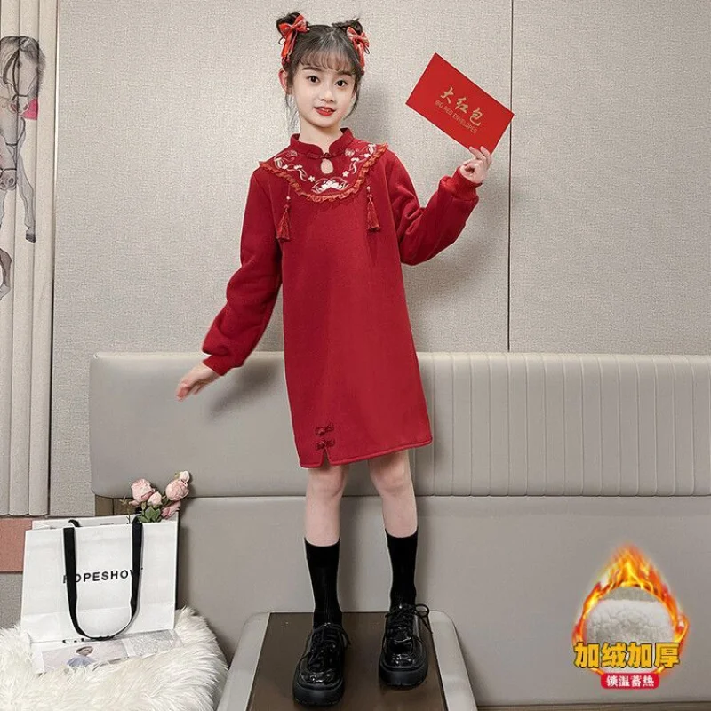 

Fleece-lined Girl Red Dress2024Winter Chinese Style Cheongsam New Year Clothes Children's Little Girl New Year Dress