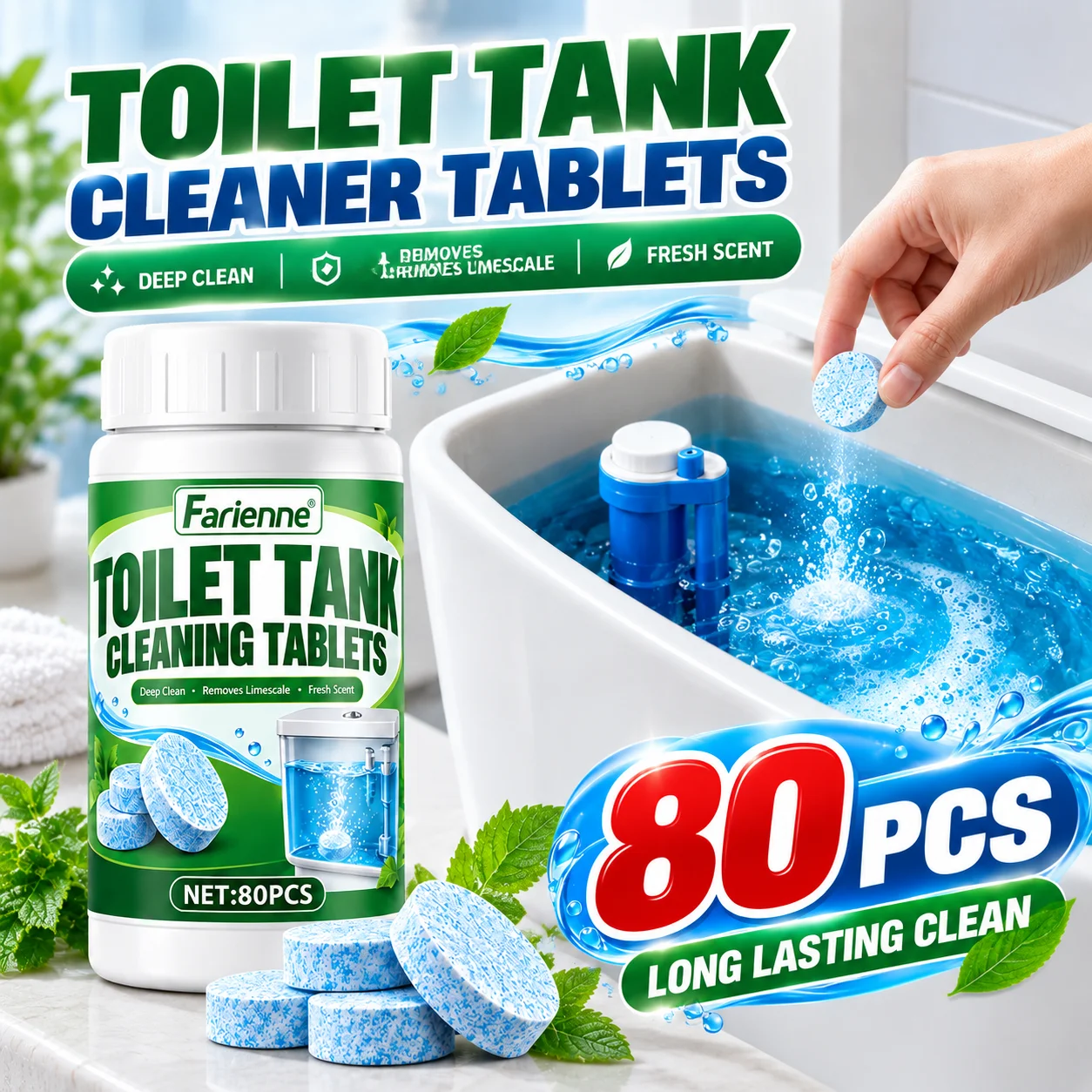 Farienne Toilet Tank Cleaner Tablets 80PCS Toilet Cleaning Tablets Limescale Remover Fresh Scent Bathroom Cleaner