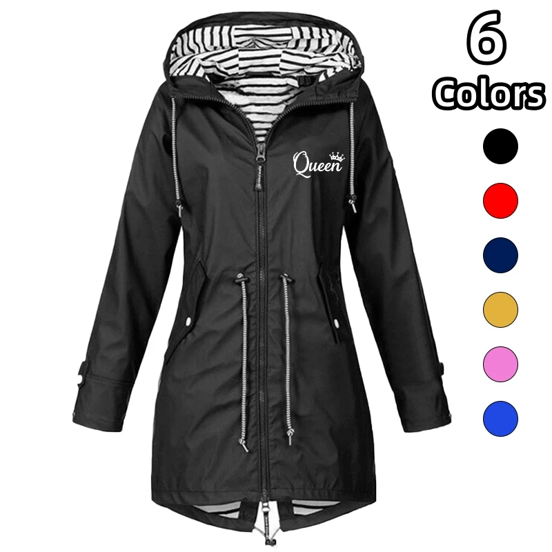 

New Women's Queen's Print Windproof Waterproof Jacket Outdoor Climbing Long Sleeve Hooded Coat Fashion Windbreaker Raincoat