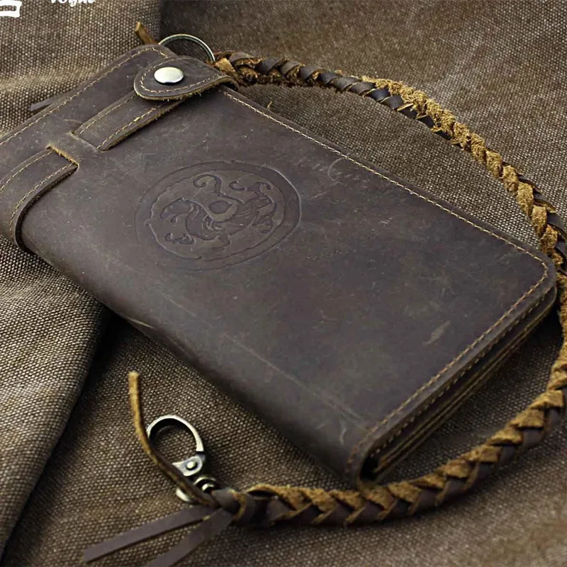 Vintage Genuine Leather Men's Wallet Foldable Buttons Purse Retro Biker Wallet Women Male Rock Punk Goth Handbags Card Bag