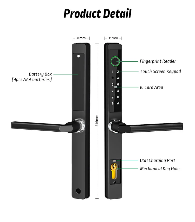 Slim narrow Aluminum lock Outdoor Euro 2885 double hook Mortise Ttlock Fingerprint Electronic Digital Smart door lock Sliding