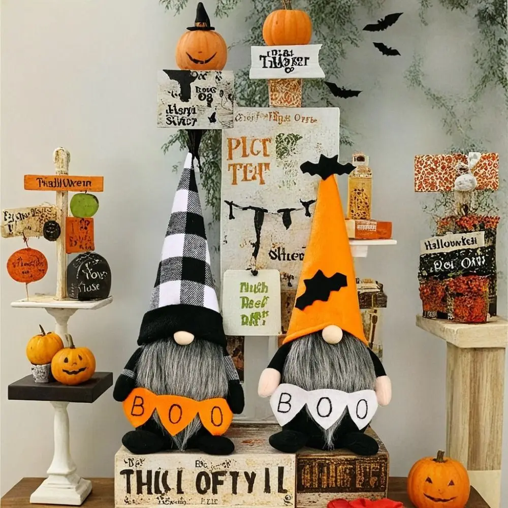 Poupées nains elfes à longue barbe pour Halloween, chauve-souris, chapeau orange Boo, poupées naines en pain d'épice, décorations de gnomes d'Halloween faites à la main à carreaux