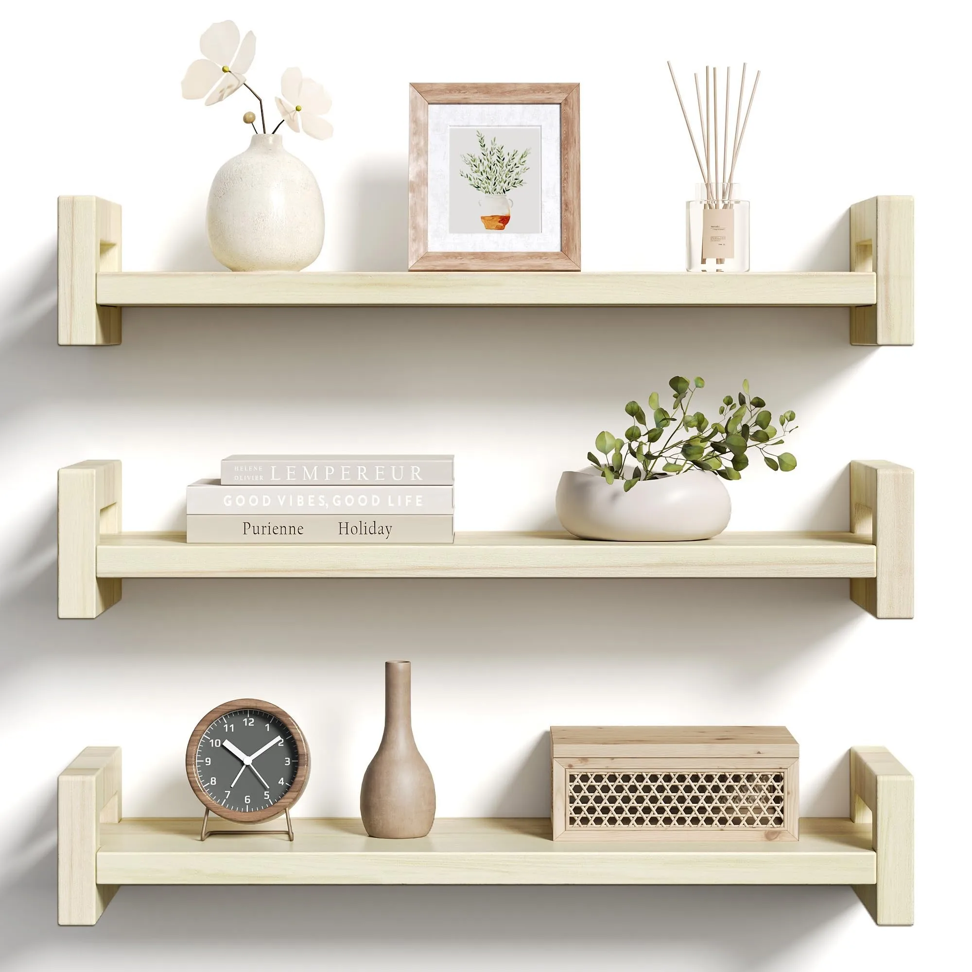 3 Pack 16" Solid Natural Pine Floating Wall Shelves, Wall Mount Storage Display Shelf with Reinforced Hardware