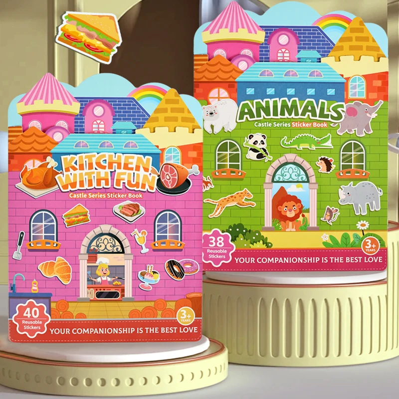 Children Reusable Jelly Sticker Book Cartoon Animal/Vehicle/Kitchen DIY Creative Quiet Busy Book Stickers Toys for Kids Gift