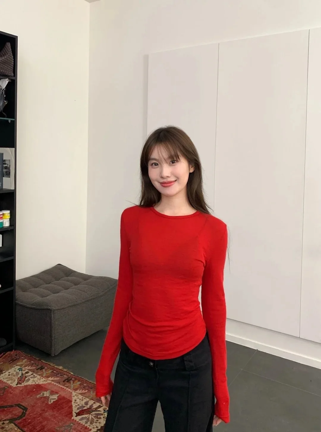 Red Atmosphere Base Shirt Women's Spring 2026 New Long Sleeve T-Shirt Waist-Cinching Korean Style Commute Fashion Top