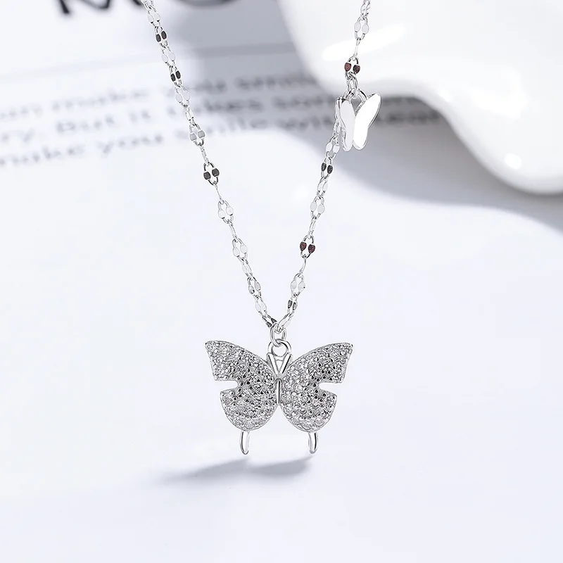 Women 925 Sterling Silver Butterfly Zircon Clavicle Necklace 41+5cm Ins Style Luxury Minimalist Fashion Jewelry Birthday Gift