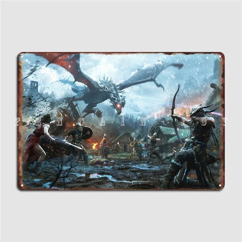 Skyrim- Dragon Battle Poster Metal Plaque Cinema Living Room Bar Cave Funny Plaques Tin Sign Poster