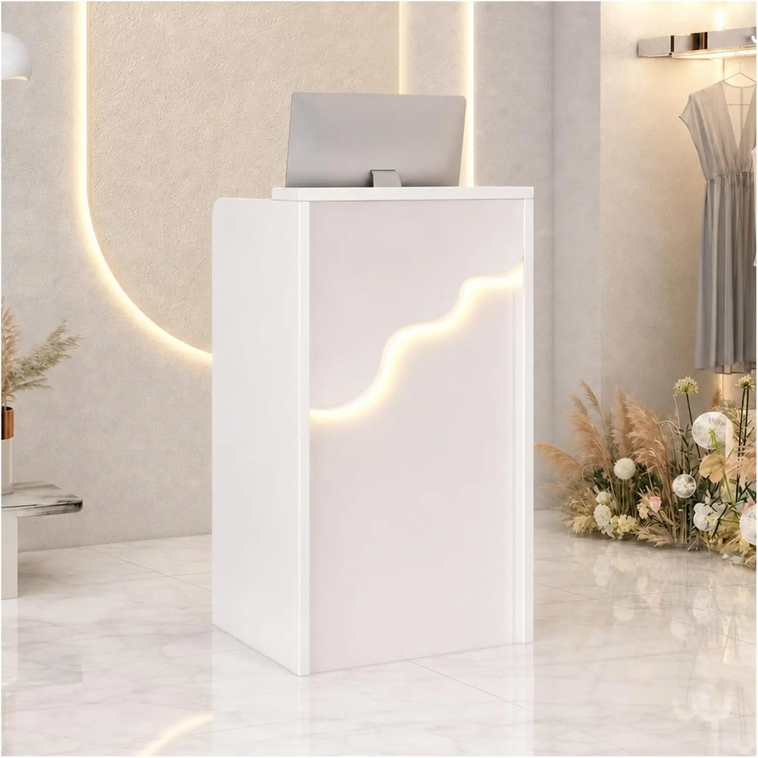 Wood Reception Desk with Counter, Front Desk with LED Light&Lockable Drawer | Small Modern Reception Table Retail Checkout for C