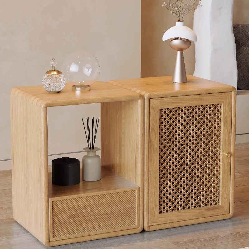 Solid Wood Rattan Weaving Floor Bookcase Japanese Storage Cabinet with Grid Bedroom Bedside Table Log Living Room Bookshelf