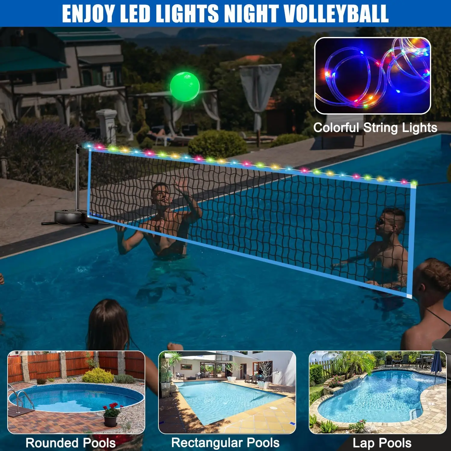 Portable Outdoor LED Volleyball Net with 2 Glowing Balls & Weighted Bases, Adjustable 15-30FT for Inground Pools, Swimming Pool Sports Game Set with Light view 3