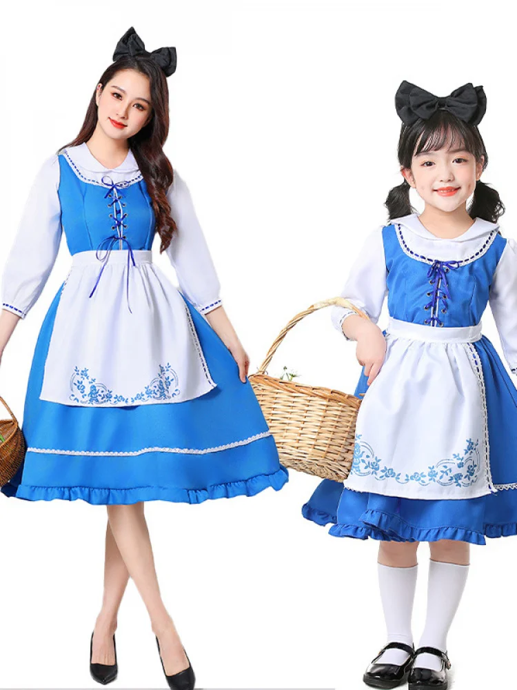 

loween Alice in Wonderland Cosplay Costume Adult Parent-Child Matching Blue White Skirt Maid Country Role Play Dr