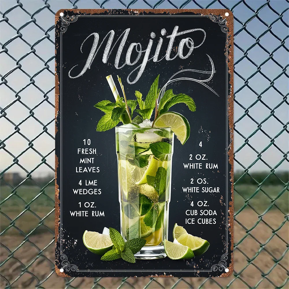 New-Vintage Mojito Recipe Aluminum Wall Art Sign - 20.32x30.48 cm Retro Bar Decor with Fresh Mint Leaves, White Rum & Lime Juice