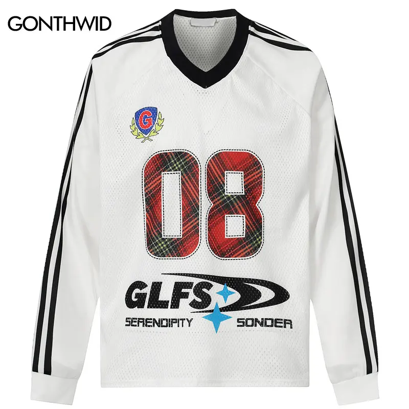 

Vintage Mesh T-Shirt Y2K Grunge Graphic Printed Sports Long Sleeve V-Neck Shirts Streetwear Harajuku Hip Hop Casual Loose Shirt