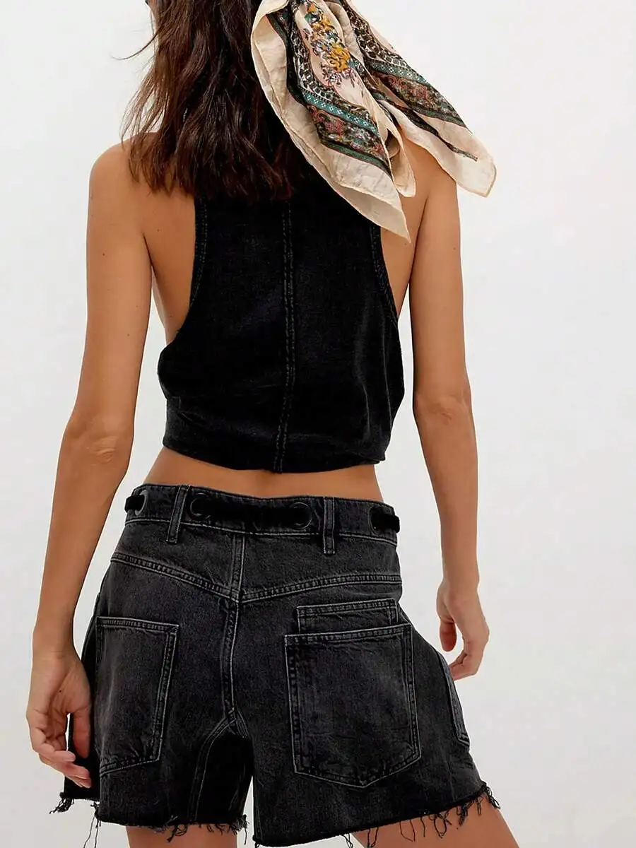 

Womens Casual Denim Shorts With Drawstring Waist And Frayed Hem